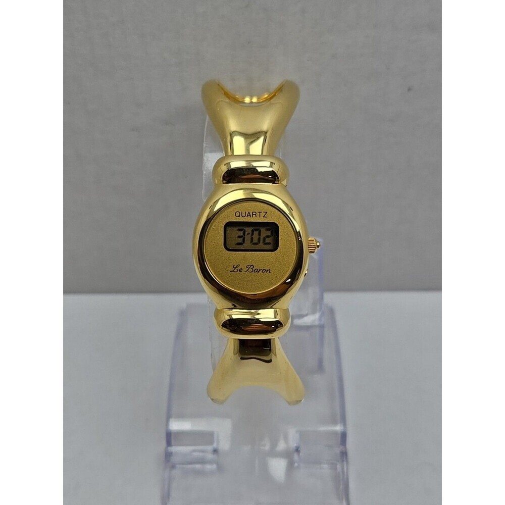 Vintage Le Baron Gold Tone Digital LCD Cuff Bangle Bracelet Watch New Battery